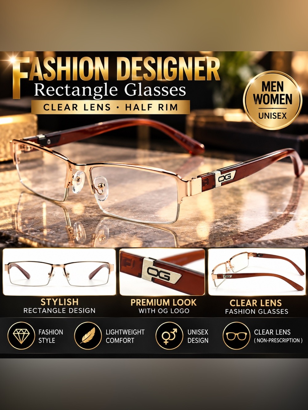 Mens Womens Clear Lens Gold Half Rim Rectangle Fashion Eyeglasses Brown Unisex